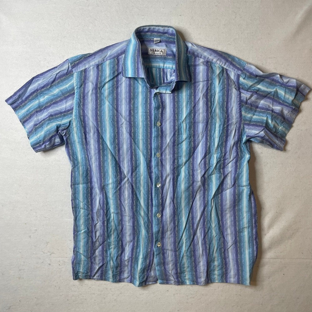 Serica Made in Italy Striped Button Down Shirt Mens L/G Blue Purple Short Sleeve